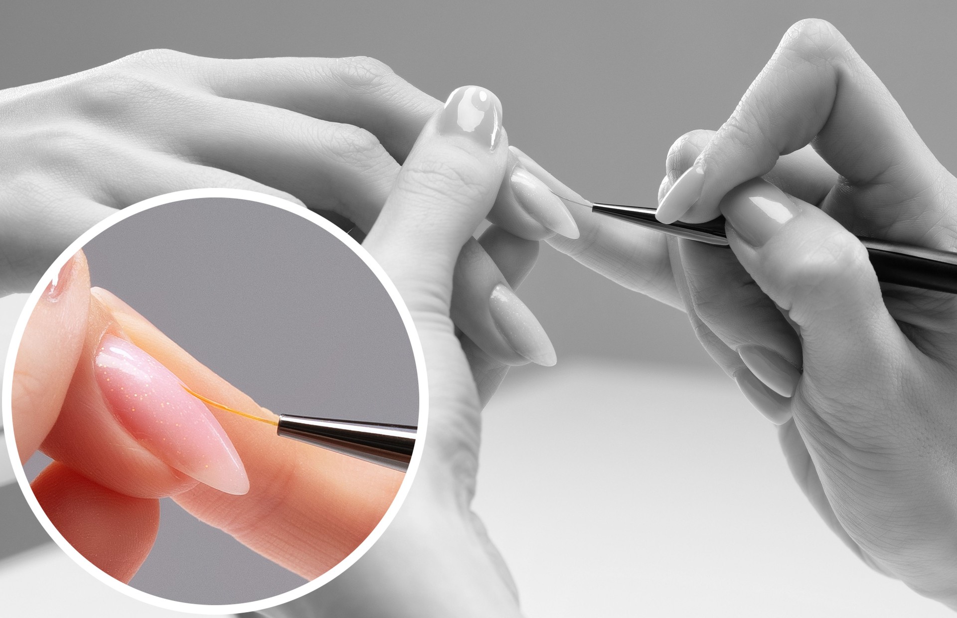 The master of the manicure coats nails with gel polish in the beauty salon. Professional care for hands.